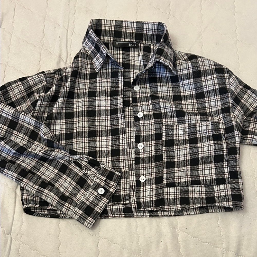 DAZY kids Black and White Checkered cropped Button Down Shirt